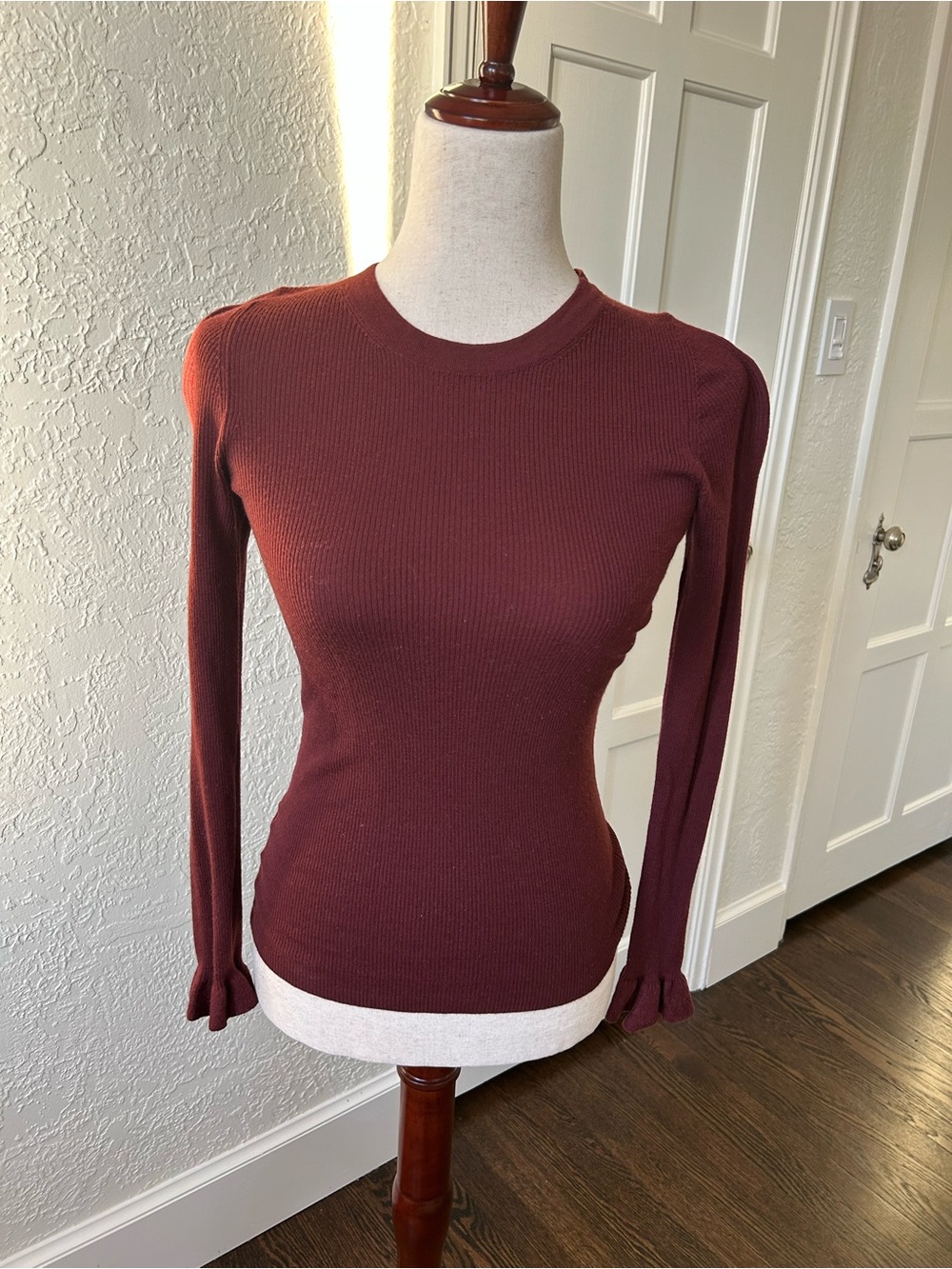 Ann Taylor Ribbed Merino Long-Sleeve Top in Burgundy